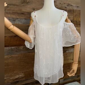 Belle France daisy chain cold shoulder silk blend sequin lined top sz L EUC